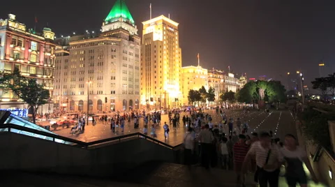 Shanghai The Bund night with Crowd 1 time lapse 30 fps static Stock Footage 40647797