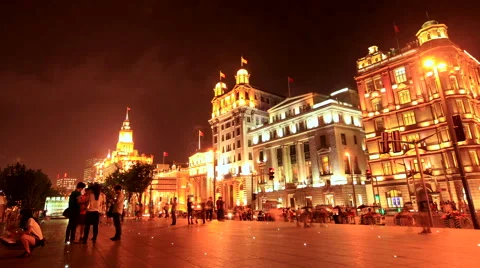 Shanghai The Bund night with Crowd 2 time lapse 30 fps zoom in Stock Footage 40647858