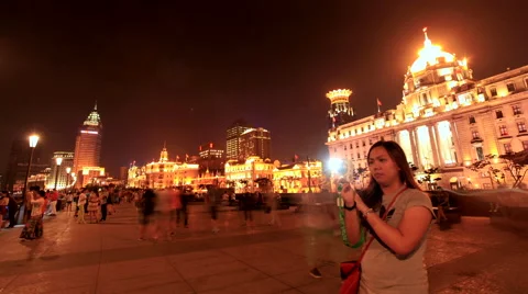 Shanghai The Bund night with Crowd 3 time lapse 30 fps static Stock Footage 40666539