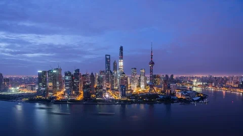 Shanghai Bund At Sunrise,lujiazui Economic Center,busy Huangpu River Shipping. Stock Footage