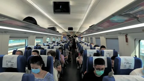 Shanghai, China - August 12, 2020: Inside interior of a coach of the China Video stock 148332425