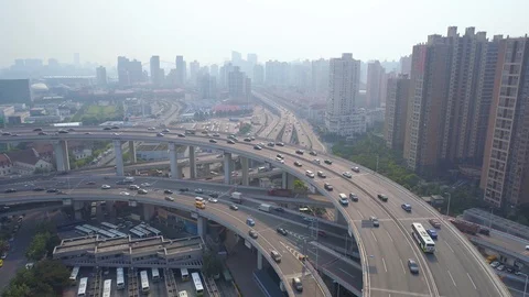 SHANGHAI, CHINA - MAY 5, 2017: Aerial view of Nanpu bridge highway junction Stock Footage 86817456