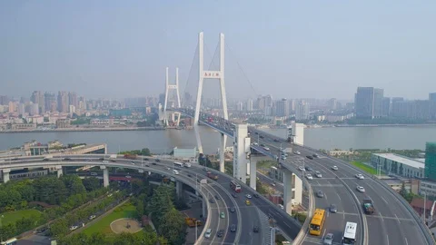 SHANGHAI, CHINA - MAY 5, 2017: Aerial view of Nanpu bridge highway junction Stock Footage 86817646