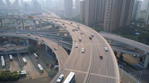 SHANGHAI, CHINA - MAY 5, 2017: Aerial view of Nanpu bridge highway junction Stock Footage 86819135