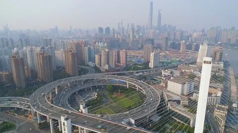 SHANGHAI, CHINA - MAY 5, 2017: Aerial view of Nanpu bridge highway junction Stock Footage 86820875