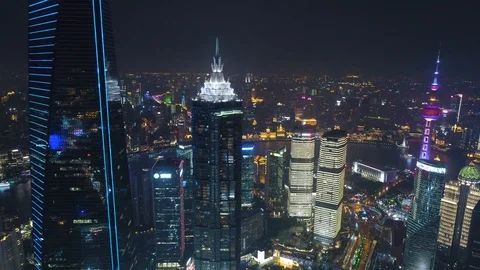 SHANGHAI, CHINA - MAY 5, 2017 Aerial drone video, night time illuminated famous Stock Footage 86830788