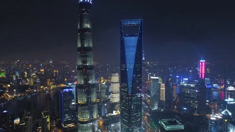 SHANGHAI, CHINA - MAY 5, 2017 Aerial drone video, night time illuminated famous Video stock 86831000