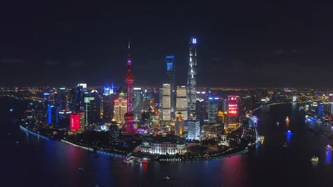 SHANGHAI, CHINA - MAY 5, 2017 Aerial drone video, night time illuminated famous Stock Footage 86831822