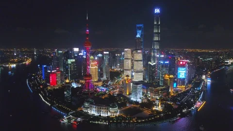 SHANGHAI, CHINA - MAY 5, 2017 Aerial drone video, night time illuminated famous Stock Footage 86831859