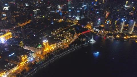SHANGHAI, CHINA - MAY 5, 2017 Aerial drone video, night time illuminated famous Stock Footage 86832120