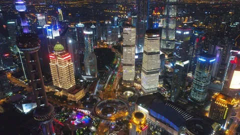 SHANGHAI, CHINA - MAY 5, 2017 Aerial drone video, night time illuminated famous Stock Footage 86832234