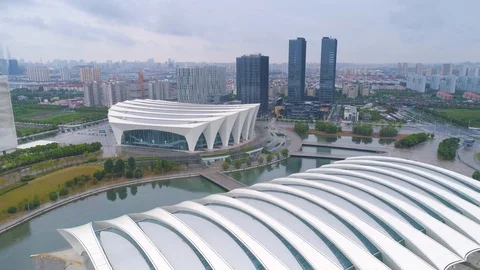 SHANGHAI, CHINA - MAY 6, 2017: Aerial video of Shanghai Oriental Sports Center Video stock 86828342