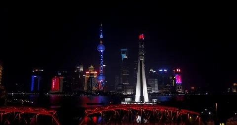 Shanghai City Business Center Waitan Night shot Mavic pro 4k video Stock Footage