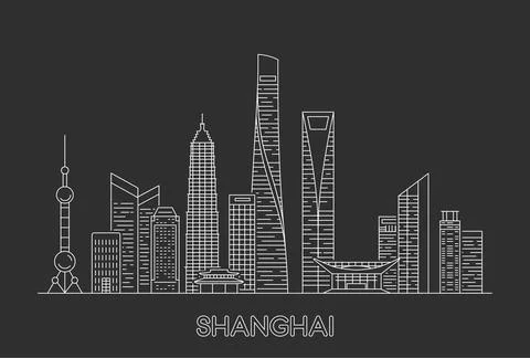 Shanghai city skyline. Vector line art illustration 스톡 일러스트