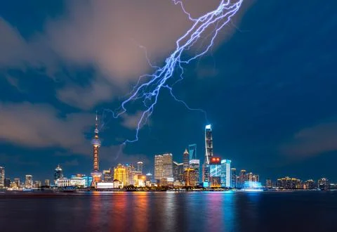 Shanghai cityscape with lightning effect at night on the Bund Stock Photos