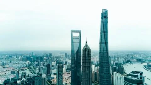 Shanghai Clear Skyline with Iconic Towers (Aerial Photography) Stock Photos