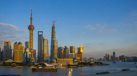 Shanghai, Day to Night Time lapse, Pudong Skyline across Huangpu River Stock Footage 35329866