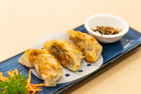 Shanghai fried mini dumpling, served with black vinegar dips in Chinese dim sum Stock Photos