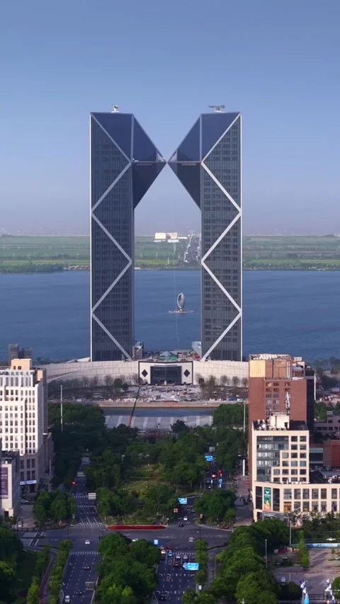 Shanghai Lingang's Iconic M-Shaped Landmark by Dishui Lake Video stock 331285262