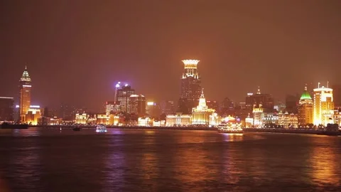 SHANGHAI - MARCH 19, 2018: View of Pudong embankment at night,Brightly Stock Footage 107039155