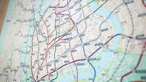 Shanghai Metro Subway Map Close Up with Colorful Lines Stock Footage 340185381