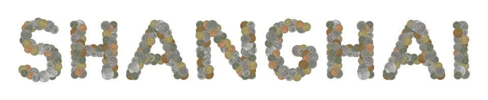SHANGHAI  with old coins on white background Stock Illustration