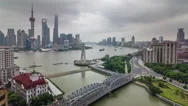 Shanghai Rainy Day Aerial River Bay Traffic River Panorama 4K Time Lapse China Stock Footage