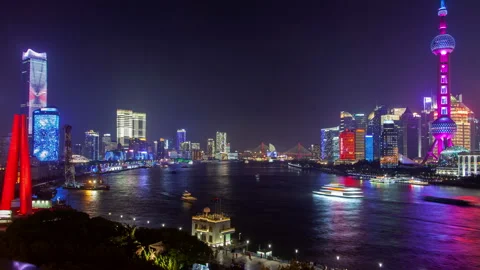 Shanghai river cityscape  pan up Stock Footage 122477257