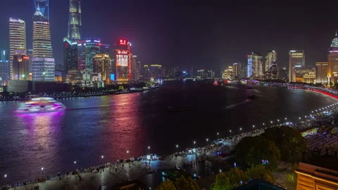 Shanghai river cityscape  pan up Stock Footage 122480319