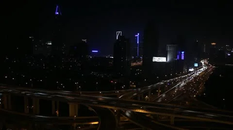 Shanghai Skyline Aerial View Busy City Traffic Jam Downtown Illuminated Night Stock Footage