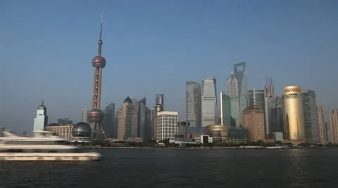 Shanghai Skyline, China, Huangpu River, Skyscrapers, Cityscape, Boats time lapse Stock Footage