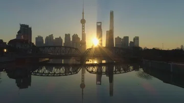 Shanghai Skyline at Sunrise at the Sunny Morning. China. Aerial View. Stock Footage