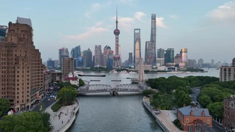 Shanghai Skyline View Over Suzhou Creek and Pudong District, China Stock Footage 335965183