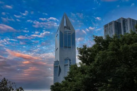 Shanghai Skyscraper with Angular Design at Sunset Stock Photos