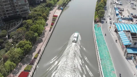 Shanghai Suzhou River high angle follows aerial photography Video stock 90342041
