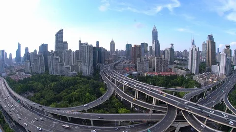 Shanghai traffic jam at elevated road junction and interchange overpass in su Stock Footage 95963559