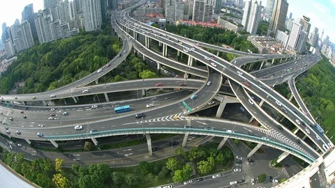 Shanghai traffic jam at elevated road junction and interchange overpass in su Stock Footage 95963632