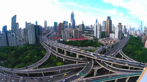 Shanghai traffic jam at elevated road junction and interchange overpass in su Stock Footage 95963672