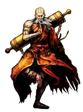 Shaolin monk old man stands on one leg and prays with one hand, behind him a  Stock Illustration