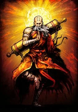 Shaolin monk old man stands on one leg and prays with one hand, behind him a  Stock Illustration