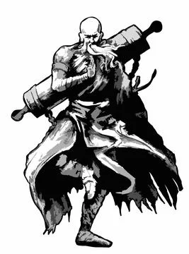 Shaolin monk old man stands on one leg and prays with one hand, behind him a  Stock Illustration