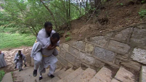 Shaolin monks practicing stair training Stock Footage 89813225