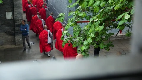 Shaolin monks walking down the stairs carrying bowls in their hands Stock Footage 88677231