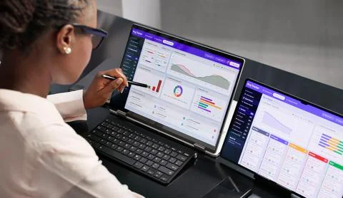 {"shape": [4320, 8192, 3]} Software Developer Woman Carefully Reviews Bug Rep Stock Photos