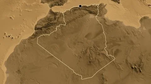 Shape of Algeria. Outlined. Sepia elevation. Stock Illustration