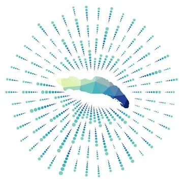 Shape of Anegada, polygonal sunburst. Map of the island with colorful star .. Illustrazione stock