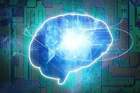 Shape of brain with light effects and printed circuit board symbolizing Ar... Stock Photos