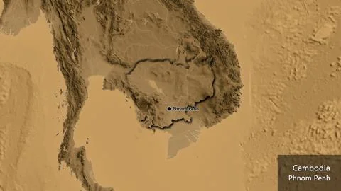 Shape of Cambodia. Bevelled. Sepia elevation. Labels Stock Illustration