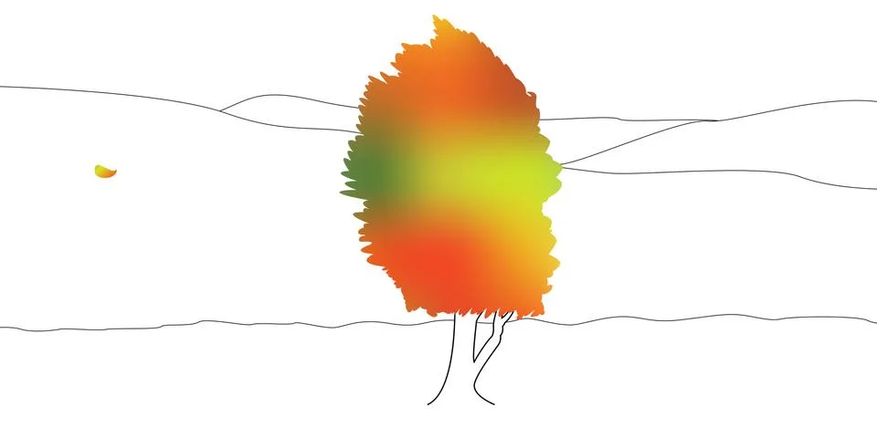 Shape of colour Tree, wind and falling autumn leaf. Vector outline Illustration 스톡 일러스트