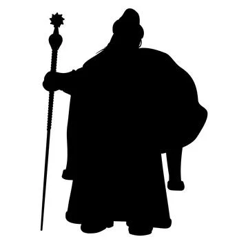 Shape of Ded Moroz with a bag behind his back and a staff. Stock Illustration